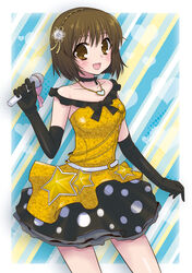  blush brown_eyes brown_hair commentary_request dress elbow_gloves female flower gloves hagiwara_yukiho hair_flower hair_ornament idolmaster idolmaster_(classic) jewelry live_for_venus_(idolmaster) microphone necklace nekota_nanami open_mouth ribbon short_hair smile solo star_(symbol) 