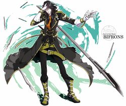  1boy ars_goetia belt bifrons_(mygrimoire) black_hair boots character_name coat commentary_request glasses gloves knife kyousaku male_focus md5_mismatch mygrimoire necktie overcoat pants scalpel scissors solo 