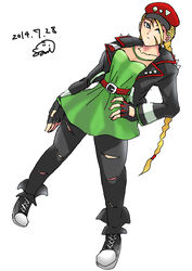  absurdres alternate_costume belt blonde_hair blue_eyes braid cabbie_hat cammy_white casual commentary_request dress female fingerless_gloves gloves green_dress hand_on_own_hip hat highres jacket jewelry leather leather_jacket long_hair necklace pants samidare_satsuki scar shoes sneakers solo street_fighter street_fighter_iv_(series) torn_clothes torn_pants twin_braids 