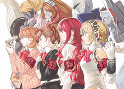  4girls aegis_(persona) android armband bad_id bad_pixiv_id blonde_hair blue_eyes bow brown_hair closed_eyes crossed_arms evoker gekkoukan_high_school_uniform hair_ornament hair_up hairband hairclip headphones headphones_removed helmet io_(megami_tensei) kirijou_mitsuru lineup long_hair mask multiple_girls open_mouth orpheus_(persona) palladion penthesilea persona persona_3 persona_3_portable profile red_eyes red_hair ribbed_sweater school_uniform shiomi_kotone short_hair sweater tokitou_fuji white_background white_eyes yukari_takeba 