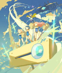  1boy 3girls blonde_hair blue_hair c_otom cape cloud commentary_request crossed_arms flip_flappers gunbuster_pose hair_ornament hairclip image_sample kokomine_cocona lens_flare long_hair mecha multiple_girls occhan_(flip_flappers) papika_(flip_flappers) pixiv_sample pose red_hair robot school_swimsuit short_hair swimsuit tt-392 wind yayaka 