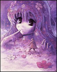  1boy coat commentary dryad english_commentary felarya female finger_to_mouth flower giant giantess hat karbo monster_girl pink_eyes pink_theme plant_girl tree trench_coat 