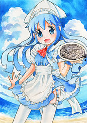  :d beach black_spaghetti blue_eyes blue_hair cloud commentary_request day female food garter_straps hat ikamusume ink_(medium) long_hair maid maid_headdress ocean open_mouth outdoors pasta photoshop_(medium) sagawa_yumeko shinryaku!_ikamusume sky smile solo spaghetti tentacle_hair thighhighs traditional_media waitress 