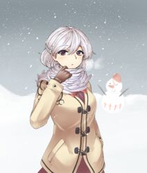  breath commentary_request dress female gloves jacket kijin_seija kishin_sagume orinpachu short_hair single_wing snow snowing snowman solo touhou white_hair wings 