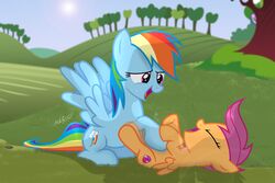  adopted_(lore) adoptive_sibling_(lore) adoptive_sister_(lore) adoptive_sisters_(lore) blue_body blue_feathers cutie_mark duo equid equine feathered_wings feathers female feral friendship_is_magic hair hasbro hi_res lolicon mammal multicolored_hair my_little_pony mythological_creature mythological_equine mythology orange_body orange_feathers pegasus purple_hair rainbow_dash_(mlp) scootaloo_(mlp) shutterflyeqd wings young young_female young_feral 