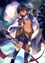  1boy aged_down ahoge black_hair cape christmas dark-skinned_male dark_skin fate/grand_order fate/prototype fate/prototype:_fragments_of_blue_and_silver fate_(series) highres lolicon looking_at_viewer male_focus ozymandias_(fate) pom_pom_(clothes) protected_link ribbon santa_costume santa_lily shorts solo sphinx_awlad tasuku_(tasu27) yellow_eyes 