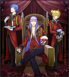  3boys alcohol blonde_hair blue_eyes blue_hair commentary_request highres kagamine_len kaito_(vocaloid) kamui_gakupo long_hair male_focus momopanda multiple_boys ponytail purple_hair sitting throne vocaloid wine 