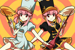  2girls alternate_color aosa_(michikusakan) commentary_request conductor_baton dress dual_persona hat heart jakuzure_nonon kill_la_kill multiple_girls pink_eyes pink_hair shako_cap sidelocks smile tassel uniform wrist_cuffs 