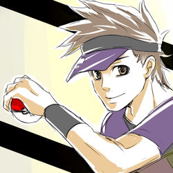  1boy bad_id bad_pixiv_id brown_eyes brown_hair cyclist_(pokemon) holding holding_poke_ball male_focus poke_ball poke_ball_(basic) pokemon pokemon_bw solo spiked_hair suzuagi 