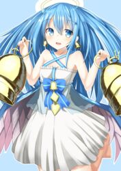  bad_id bad_pixiv_id bare_shoulders bell bell_earrings bellringer_angel blue_eyes blue_hair dress earrings female halo jewelry looking_at_viewer shadowverse smile solo unishi_furano 