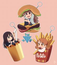  3girls bad_id bad_twitter_id blunt_bangs brown_eyes brown_hair burger cardigan charm_(object) commentary drink drinking_straw eating fast_food food french_fries green_eyes hair_bun hojo_karen holding holding_food idolmaster idolmaster_cinderella_girls kamiya_nao ketchup long_hair morphin_e multiple_girls open_mouth shibuya_rin single_hair_bun triad_primus_(idolmaster) 