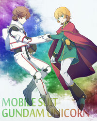  1boy audrey_burne banagher_links cape commentary_request female gundam gundam_unicorn holding_hands lydi_(dd) mineva_lao_zabi pilot_suit space 