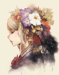  blonde_hair bow branch closed_eyes commentary_request earrings eyelashes female flower food frilled_bow frills fruit hair_bun hair_flower hair_fruit hair_ornament hair_ribbon hairbow highres japanese_clothes jewelry kimono kuroduki_(pieat) leaf original parted_lips photoshop_(medium) plant profile red_bow red_ribbon ribbon single_hair_bun solo upper_body 