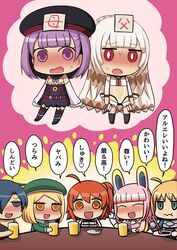  6+girls altera_(fate) animal_ears armor armored_dress artoria_pendragon_(fate) beer_mug beret blonde_hair blue_hair blunt_bangs blush braid chaldea_uniform closed_eyes coat commentary_request cup detached_sleeves drunk fate/grand_order fate_(series) french_braid fujimaru_ritsuka_(female) hair_over_one_eye hat helena_blavatsky_(fate) highres himejoshi jitome long_hair michiyon mug multiple_girls one_side_up orange_hair paul_bunyan_(fate) pink_background pink_hair purple_eyes purple_hair rabbit_ears riyo_(lyomsnpmp)_(style) riyo_servant_(babydoll)_(fate) riyo_servant_(bunnygirl)_(fate) saber_(fate) shipping_(fandom) short_hair simple_background table translated white_sleeves yellow_eyes yuri 