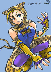  absurdres ahoge alternate_costume animal_hood animal_print blonde_hair blue_eyes bodysuit breasts cammy_white commentary_request cosplay dated elbow_gloves female fingerless_gloves gloves highres hood huge_ahoge king_(tekken) leopard_print samidare_satsuki scar solo squatting street_fighter street_fighter_x_tekken tekken 