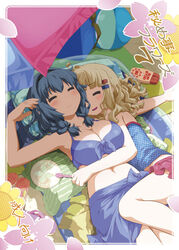  2girls arm_around_waist armpits blonde_hair blue_hair blush breasts closed_eyes commentary_request cuddling front-tie_top furutani_himawari goyacchi hair_ornament hairband hairclip hand_fan large_breasts lotion midriff miniskirt multiple_girls navel oomuro_sakurako paper_fan pillow sandals sarong short_hair skirt sleeping sunscreen uchiwa unworn_sandals yuri yuru_yuri 