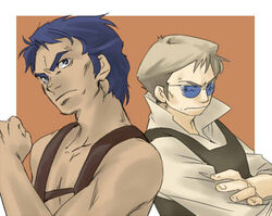  2boys blonde_hair blue_hair cotsett_memuma crossed_arms fatman_(xabungle) multiple_boys sentou_mecha_xabungle 