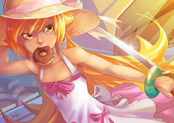  13wishes bad_id bad_pixiv_id blade blonde_hair bow bracelet commentary doughnut dress english_commentary female flat_chest food food_in_mouth hat hat_bow jewelry long_hair monogatari_(series) oshino_shinobu photoshop_(medium) signature solo sparkle white_dress yellow_eyes 