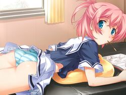  akino_takehiko ankoromochi ass female food hatsushiba_ai indoors lying mouth_hold on_stomach panties pink_hair pocky sasai_saji short_hair skirt solo sorairo striped_clothes striped_panties tsukasa_yuuki underwear 