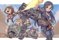  5girls akiyama_mio bass_guitar car commentary_request cosplay crossover fingerless_gloves flamethrower gatling_gun gloves guitar gun highres hirasawa_yui instrument k-on! kiichi kotobuki_tsumugi long_hair mad_max mad_max:_fury_road motor_vehicle multiple_girls nakano_azusa speaker tainaka_ritsu the_doof_warrior the_doof_warrior_(cosplay) weapon 