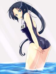  ass bad_id bad_pixiv_id black_hair blue_eyes female kichihachi long_hair maji_de_watashi_ni_koi_shinasai! maji_de_watashi_ni_koi_shinasai!_s minamoto_yoshitsune_(maji_de_watashi_ni_koi_shinasai!) one-piece_swimsuit ponytail school_swimsuit solo swimsuit wading water wet 