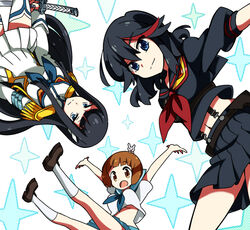  3girls aosa_(michikusakan) arms_up black_hair blue_eyes brown_eyes brown_hair commentary_request epaulettes junketsu kill_la_kill kiryuuin_satsuki long_hair mankanshoku_mako matoi_ryuuko multiple_girls navel rabbit school_uniform senketsu serafuku short_hair siblings sisters skirt smile suspenders upside-down 