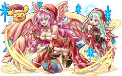  2girls angel_wings archangel_metatron_(p&amp;d) blue_eyes book braid breasts cleavage commentary_request dashinoya elbow_gloves garter_straps gloves hair_ornament hat large_breasts light_valkyrie_(p&amp;d) long_hair medium_breasts multiple_girls pink_hair puzzle_&amp;_dragons red_eyes santa_costume santa_hat shynee_(p&amp;d) silver_hair thighhighs twin_braids valkyrie_(p&amp;d) wings 