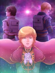  2boys audrey_burne banagher_links cabbage666 cape commentary_request female gloves green_eyes gundam gundam_unicorn mineva_lao_zabi multiple_boys orange_hair pilot_suit praying riddhe_marcenas space 