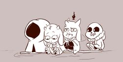  2015 alternate_universe animated_skeleton annoyed anthro asgore_dreemurr bone boss_monster_(undertale) bovid caprine chibi female grin group littletale male mammal monochrome mudkipful river_person_(undertale) sans_(undertale) skeleton smile toriel undead undertale undertale_(series) young 