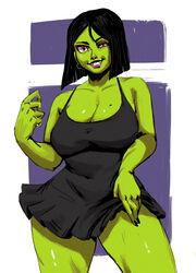  1girls banjo-kazooie black_hair black_nails cleavage dress earrings female female_only game_over_gruntilda green_body green_skin gruntilda looking_at_viewer medium_hair mole_on_breast rareware red_eyes redblacktac smug solo solo_female thick_thighs very_high_resolution witch 