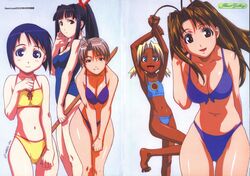  5girls :d absurdres adjusting_hair ahoge antenna_hair aoyama_motoko arm_behind_back armpits arms_up ass_visible_through_thighs bare_shoulders barefoot bent_over bikini black_eyes black_hair blonde_hair blue_bikini blue_eyes blue_hair blue_one-piece_swimsuit blush_stickers bob_cut breasts breasts_squeezed_together brown_eyes brown_hair cleavage clenched_hands cowboy_shot dark-skinned_female dark_skin feet flat_chest foot_up grey_hair hair_intakes hand_on_own_chest high_ponytail highres hime_cut holding holding_own_arm holding_sword holding_weapon kaolla_su konno_mitsune large_breasts leaning_forward light_blush long_hair looking_at_viewer love_hina maehara_shinobu medium_breasts multiple_girls narusegawa_naru navel newtype non-web_source official_art one-piece_swimsuit open_mouth own_hands_together ponytail promotional_art purple_bikini scan short_hair short_twintails simple_background small_breasts smile spread_toes standing swimsuit sword thigh_gap tied_hair toes translated twintails uno_makoto v_arms weapon white_background wooden_sword yellow_bikini 