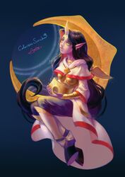  2015 absurdres alternate_costume alternate_hair_color alternate_hairstyle apple60931 black_hair celestine_soraka character_name colored_skin commentary_request crescent crown earrings female highres hooves horns jewelry league_of_legends long_hair monster_girl purple_skin single_horn sitting solo soraka_(league_of_legends) unworn_crown yellow_eyes 