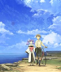  1boy anklet bare_shoulders bicycle blue_legwear blunt_bangs bow clain_(fractale) cliff cloud day dress earrings female flower fractale grass hair_flower hair_ornament hidari_(left_side) horizon jewelry long_sleeves necklace nessa_(fractale) ocean off_shoulder official_art outdoors path pink_bow purple_hair ribbon road rock sandals scenery shorts side-by-side sky sleeves_pushed_up socks space_elevator twintails wide_sleeves 