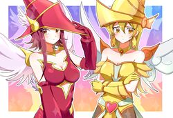  2girls apple_magician_girl apple_magician_girl_(cosplay) bad_id bad_pixiv_id bare_shoulders blonde_hair blush breasts brown_eyes choker cleavage collarbone cosplay crossed_arms duel_monster earrings gloves gradient_background hat izayoi_aki jewelry joman large_breasts lemon_magician_girl lemon_magician_girl_(cosplay) leotard long_hair looking_away multiple_girls pantyhose red_hair short_hair tenjouin_asuka wings yellow_eyes yellow_hat yellow_leotard yu-gi-oh! yu-gi-oh!_5d&#039;s yu-gi-oh!_gx 