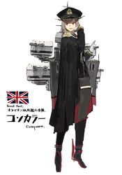  blonde_hair cape commentary_request female full_body hat highres hms_conqueror hms_conqueror_(siirakannu) kantai_collection long_sleeves military military_uniform original peaked_cap personification red_eyes royal_navy short_hair siirakannu solo translated uniform 