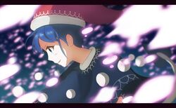  anime_coloring bad_id bad_twitter_id blue_eyes blue_hair blurry danmaku depth_of_field doremy_sweet female hat highres letterboxed motion_blur nightcap pom_pom_(clothes) shishi_osamu short_hair solo tail touhou 