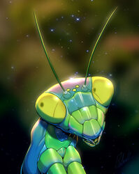  absurd_res ambiguous_gender antennae_(anatomy) arthropod blurred_background bust_portrait compound_eyes detailed digital_media_(artwork) dust exoskeleton female_(lore) feral front_view glistening glistening_body glistening_exoskeleton glistening_eyes green_body green_exoskeleton green_eyes hi_res insects iridescent iridescent_exoskeleton jaw mandibles mantis particles pigment_pit portrait pseudo_pupils realistic rollwulf signature solo sparkles 