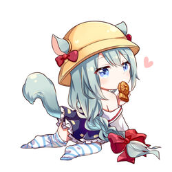  all_fours animal_ears azur_lane blue_eyes blue_hair bow braid chibi commentary_request ears_through_headwear female flot food hair_ribbon hairbow hat heart kindergarten_uniform long_hair looking_at_viewer low-braided_long_hair low-tied_long_hair mikazuki_(azur_lane) mouth_hold no_shoes ribbon school_hat simple_background single_braid socks solo squirrel_ears squirrel_tail striped_clothes striped_socks tail taiyaki wagashi white_background 