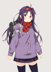  bad_id bad_pixiv_id bag black_thighhighs casual coat female hairband inui_sanagi long_hair photoshop_(medium) pointy_ears purple_hair red_eyes scarf solo standing sword_art_online thighhighs yuuki_(sao) zettai_ryouiki 