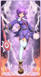  :d aisha_landar belt c-rabbit commentary_request elsword female full_body gloves hair_tubes hexagram highres holding holding_wand lightning magic_circle magician_(elsword) necktie open_mouth purple_background purple_eyes purple_hair purple_skirt shoes short_hair sidelocks skirt smile solo thighhighs wand white_thighhighs zettai_ryouiki 