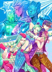  2girls 4boys aqua_theme chains commentary_request diver_down_(stand) green_theme hat highres jojo_no_kimyou_na_bouken kujo_jolyne kujo_jotaro multiple_boys multiple_girls narciso_anasui natsu_(pixiv312174) painttool_sai_(medium) purple_theme stand_(jojo) star_platinum stone_free stone_ocean 