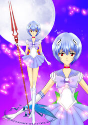  ayanami_rei bishoujo_senshi_sailor_moon blue_hair boots cosplay crossover lance_of_longinus magical_girl moon neon_genesis_evangelion red_eyes sailor_mercury_(cosplay) sailor_senshi_(cosplay) skirt weapon 