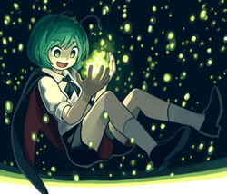  antennae black_footwear cape collared_shirt commentary_request female fireflies floating glowing green_eyes green_hair open_mouth photoshop_(medium) shirt shoes short_sleeves shorts socks solo touhou white_shirt white_socks wriggle_nightbug you_taira 