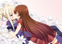  2girls aoki_hagane_no_arpeggio blonde_hair blush brown_hair closed_eyes commentary_request dress flower hug kissing kongou_(aoki_hagane_no_arpeggio) lily_(flower) long_hair maya_(aoki_hagane_no_arpeggio) multiple_girls open_mouth pantyhose photoshop_(medium) red_eyes striped_clothes striped_thighhighs thighhighs yoruda yuri zettai_ryouiki 