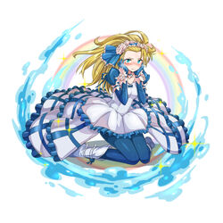  blonde_hair blue_bow blue_eyes blue_legwear blush bodystocking boots bow choker commentary_request dress female flower forehead frilled_dress frills full_body hair_flower hair_ornament hairband hands_on_own_face highres long_hair noah_(p&amp;d) puffy_sleeves puzzle_&amp;_dragons rainbow rose simple_background sitting solo tears wariza water white_background white_dress white_flower white_footwear white_rose wrist_cuffs zaxwu 