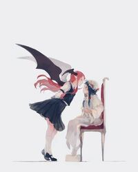  2girls arms_behind_back bat_wings blue_eyes capelet chair cloak commentary_request crescent dress full_body hat head_wings highres koakuma leaning_forward long_hair mary_janes multiple_girls necktie patchouli_knowledge pleated_skirt pointy_ears purple_hair red_eyes red_hair shoes simple_background sitting skirt smile tiptoes touhou wakatsuki_(etoiles) white_legwear wings 