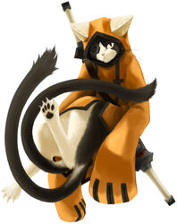  animal_hood blazblue cat_hood collair_(cono) eyepatch feline highres hood jubei_(blazblue) multiple_tails no_humans over_shoulder sheath sheathed simple_background solo sword sword_over_shoulder tail weapon weapon_over_shoulder white_background 