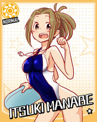  brown_eyes brown_hair character_name commentary_request competition_swimsuit female idolmaster idolmaster_cinderella_girls kickboard kurushima_gire manabe_itsuki one-piece_swimsuit ponytail short_hair solo swimsuit whistle 