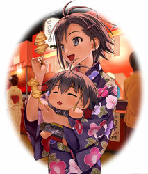  antenna_hair black_hair chibi commentary_request female food hair_ornament hairclip idolmaster idolmaster_(classic) japanese_clothes kikuchi_makoto kimono lantern makochii md5_mismatch nekopuchi open_mouth paper_lantern puchimasu! short_hair smile yakitori yukata 