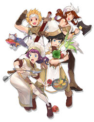  2boys 2girls bad_id bad_pixiv_id bandana black_hair blonde_hair blue_eyes boots brown_eyes brown_hair character_request chef_hat feline fish food frying_pan hammer hat headband highres lettuce lime_odyssey long_hair multiple_boys multiple_girls onion open_mouth photoshop_(medium) purple_hair serenade_(sinohi) short_hair side_slit smile spatula surprised sword thighhighs tomato vegetable weapon 